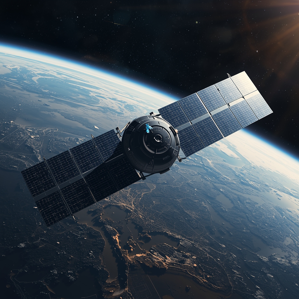 Advanced satellite deploying solar panels in orbit above Earth, realistic sci-fi rendering, 8k resolution, no woman